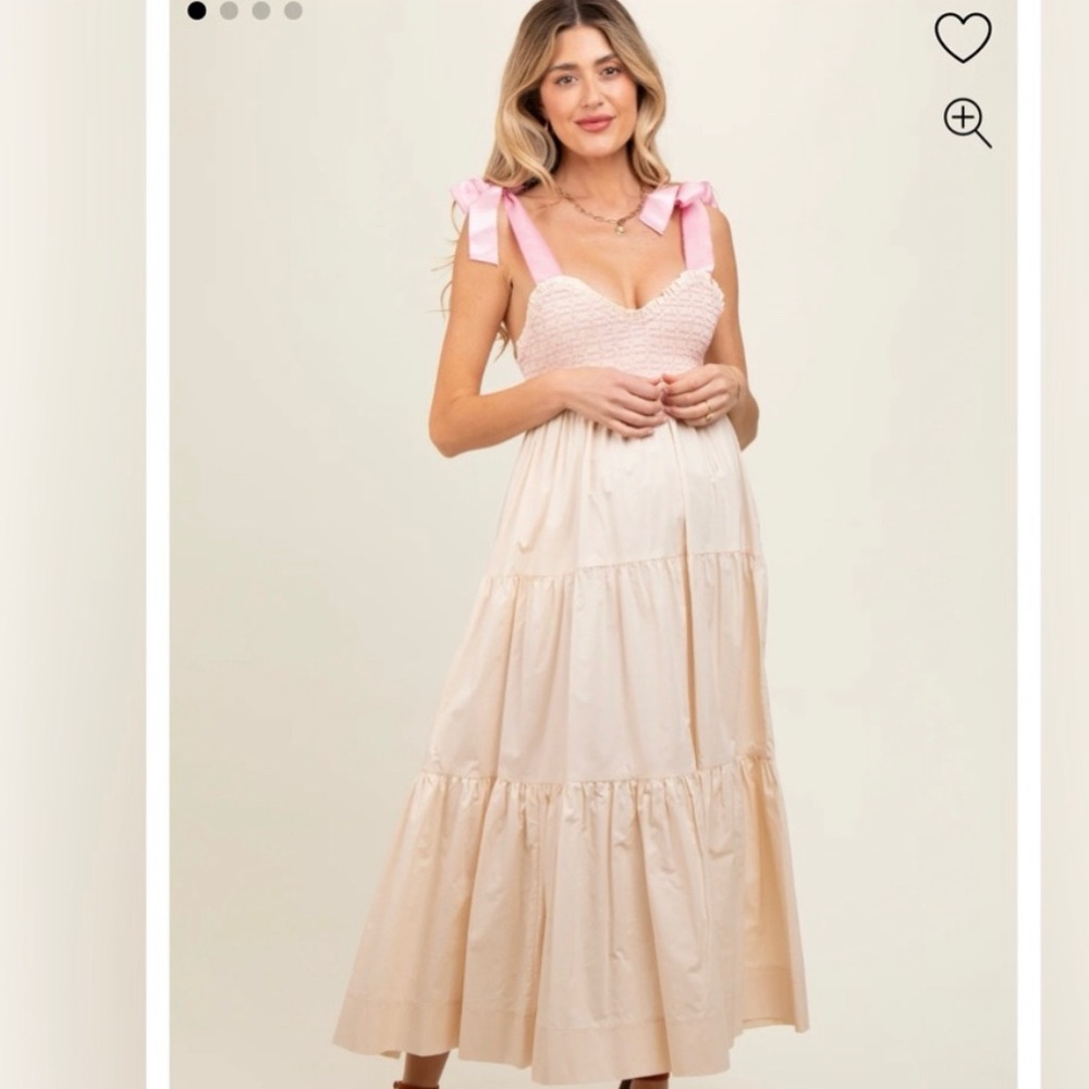 Pink Blush: Cream Ribbon Strap Tiered Maternity Maxi Dress